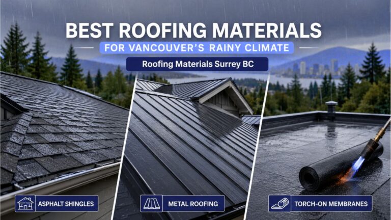 Best roofing materials Surrey BC including asphalt shingles, metal roofing and torch-on membranes for Vancouver's rainy climate.