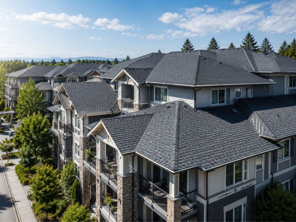 Modern strata building with grey asphalt shingle roofing in Surrey, BC