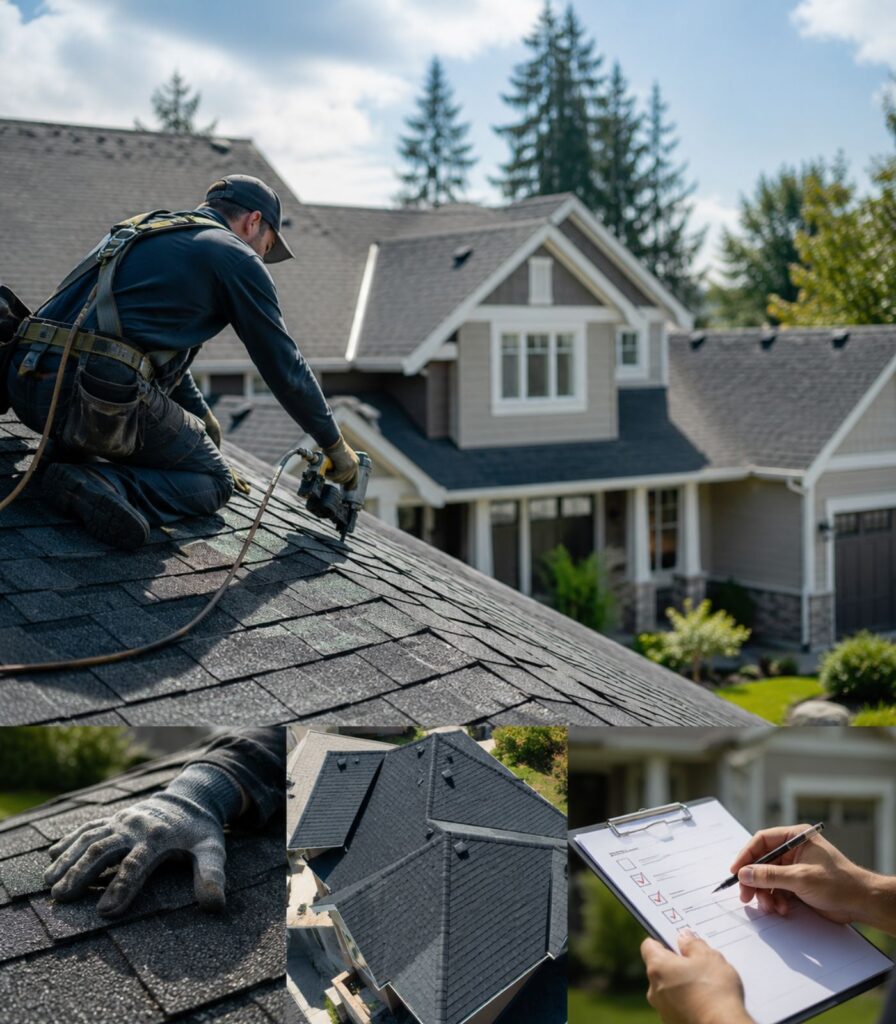 Residential Roofing Surrey BC contractor installing asphalt shingles on a residential home