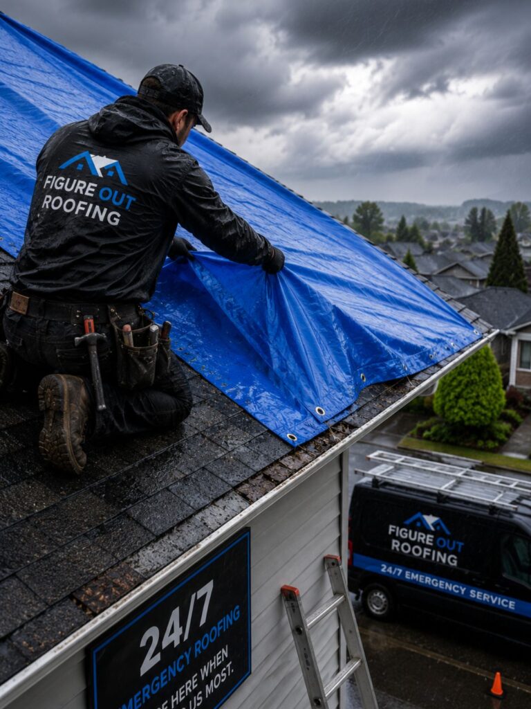 Emergency Roofing Surrey BC professional roofer installing an emergency roof tarp after storm damage