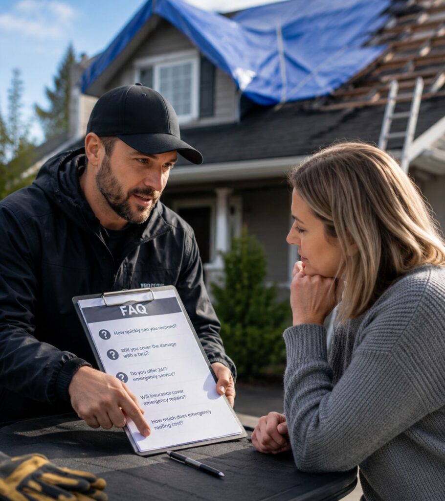 Emergency Roofing Surrey BC FAQ with homeowner discussing roof repair options