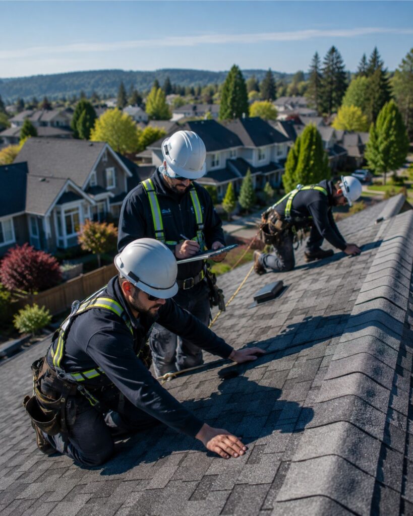 Roofing company Surrey BC team inspecting a residential roof before answering customer questions