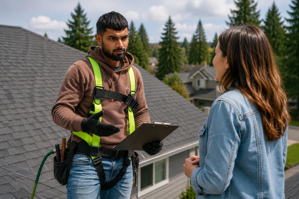 Free roof inspection in Surrey BC – professional roofer explaining roof damage to homeowner