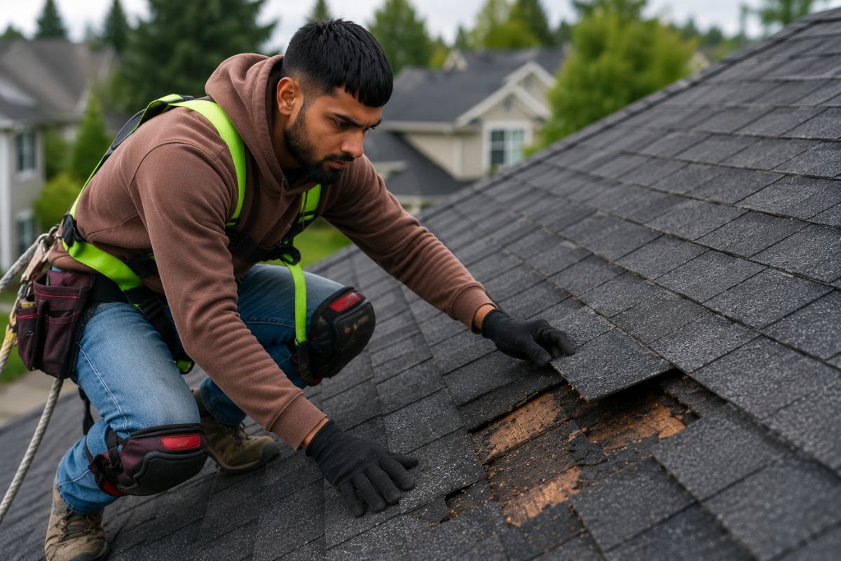 Roof Repair Cost Surrey BC – professional roofer inspecting damaged shingles
