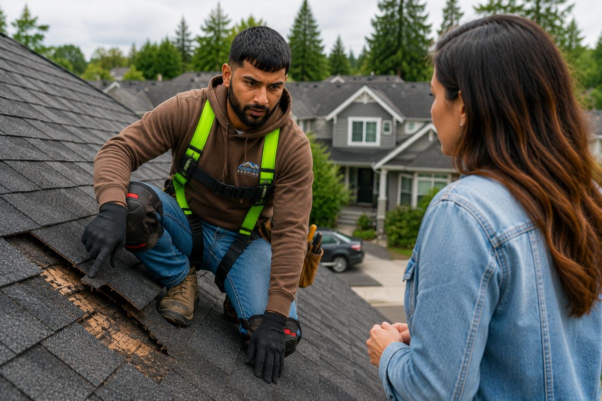 Roof Repair Cost Surrey BC – Figure Out Roofing contractor showing roof damage to homeowner during roof inspection